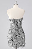Sparkly Fuchsia Strapless Tight Short Sequins Corset Homecoming Dress with Beading