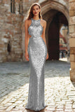 Sparkly Burgundy Sheath Halter Cut-Out Prom Dress