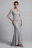 Champagne Mermaid 2 Piece Lace Floral Long Mother of the Bride Dress