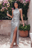 Sparkly Gold Bodycon Halter Neck Maxi Sequin Dress with Slit