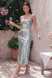 Sparkly Gold Bodycon Spaghetti Straps Midi Dress with Sequins