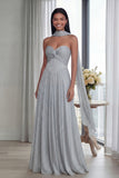 Sky Blue Strapless A Line Pleated Long Formal Dress with Ribbon