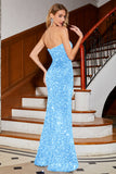 Mermaid Strapless Sequins Long Royal Blue Prom Dress With Slit