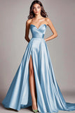 Dusty Sage Strapless A Line Ruched Satin Long Prom Dress with Slit