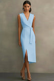 White Satin V-Neck Formal Dress with Belt