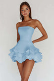 White Strapless A Line Tiered Matte Satin Graduation Dress