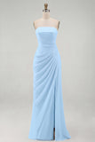 Light Pink Strapless Sheath Ruched Long Prom Dress with Slit