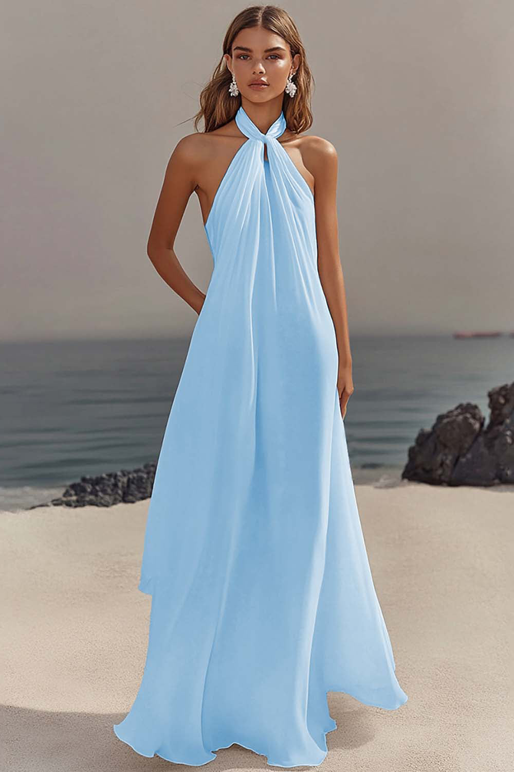 ZAPAKA Women White Long Beach Dress Sheath Halter Chiffon Bridal Dress, Sky Blue / US16 ZAPAKA Women White Long Beach Dress Sheath Halter Chiffon Bridal Dress, Sky Blue / US16
