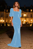 Navy Mermaid Square Neck Puff Sleeves Velvet Long Formal Dress