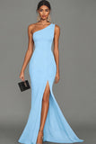 Burgundy Mermaid One Shoulder Satin Long Choir Dress with Slit