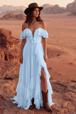 Ivory Off the Shoulder A Line Maxi Beach Wedding Dress with Ruffles