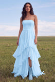 Strapless Ivory A Line Ruffled Boho Wedding Dress with Slit