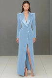 Navy Peak Lapel Single-breasted Blazer Dress with Slit