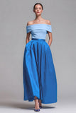 Off the Shoulder Fuchsia and Red A Line Color Block Midi Formal Dress