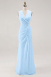White Sheath V Neck Ruched Long Formal Dress