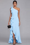 One Shoulder Black Sheath Ruffled Long Formal Dress with Slit