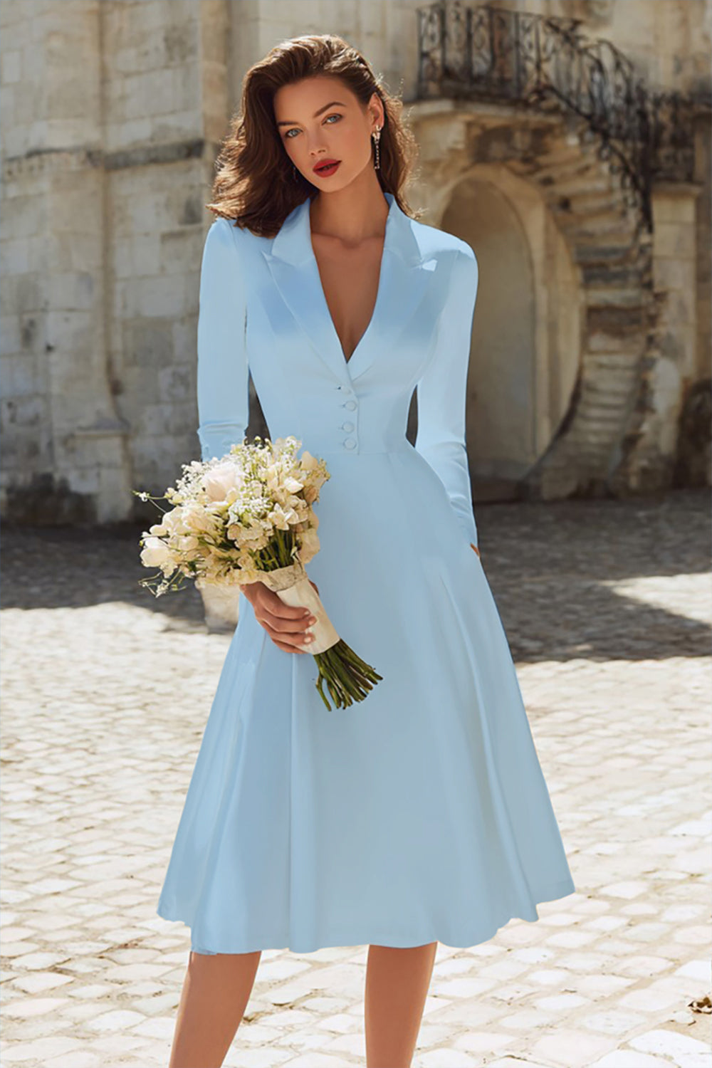 Zapaka Women Ivory Satin Midi Engagement Dress with Long Sleeves Peaked Lapel A Line Bridal Dress, Sky Blue / US6 Zapaka Women Ivory Satin Midi Engagement Dress with Long Sleeves Peaked Lapel A Line Bridal Dress, Sky Blue / US6
