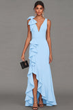 Black Sheath V-Neck Ruffled Long Formal Dress with Slit