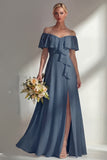 Burgundy A Line Off the Shoulder Long Bridesmaid Dress with Ruffles