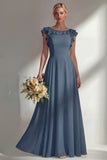 Chiffon Burgundy A Line Bateau Neck Long Bridesmaid Dress with Ruffles