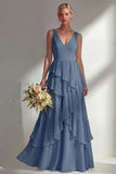 A Line Chiffon Burgundy V-Neck Long Bridesmaid Dress with Ruffles