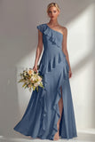 Butter Yellow A Line One Shoulder Chiffon Long Bridesmaid Dress with Ruffles