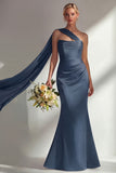 Burgundy Strapless Mermaid Satin Convertible Long Prom Dress with Streamer