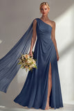 Burgundy A Line One Shoulder Chiffon Long Bridesmaid Dress with Slit
