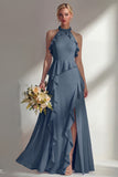 A Line Burgundy Halter Neck Chiffon Long Bridesmaid Dress with Ruffles
