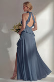 A Line Burgundy Halter Neck Chiffon Long Bridesmaid Dress with Ruffles