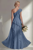 Butter Yellow A Line One Shoulder Chiffon Long Bridesmaid Dress with Ruffles