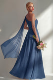 Burgundy A Line One Shoulder Chiffon Long Bridesmaid Dress with Slit