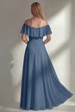 Burgundy A Line Off the Shoulder Long Bridesmaid Dress with Ruffles