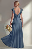 Chiffon Burgundy A Line Bateau Neck Long Bridesmaid Dress with Ruffles