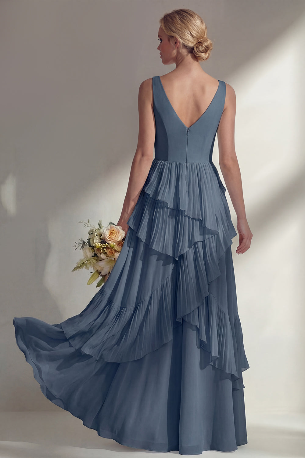 ZAPAKA Women Burgundy Bridesmaid Dress with Ruffles A-Line Chiffon V-Neck Long Wedding Guest Dress, Slate Blue / US22W
