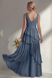 A Line Chiffon Burgundy V-Neck Long Bridesmaid Dress with Ruffles