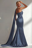 Burgundy Strapless Mermaid Satin Convertible Long Prom Dress with Streamer