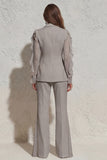 White Notched Lapel Ruffled Slim Fit Long Tulle Women Suit