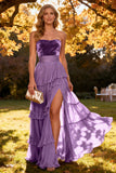 Khaki Sweetheart Tiered Ruffled A-Line Chiffon Maxi Dress with Slit
