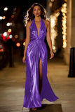 Red Halter Metallic Ruched Formal Dress Wth Slit