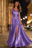 Metallic V-Neck A-Line Gold Long Formal Dress With Slit