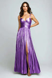 Sliver A Line Metallic Pleated Formal Dress With Slit