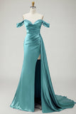 Golden Mermaid Off the Shoulder Beaded Pleated Satin Long Prom Dress with Slit