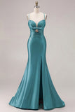 Fuchsia Mermaid Cut Out Satin Pleated Bowed Long Prom Dress with Slit