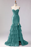Red Mermaid Sweetheart Beaded Corset Ruffled Long Prom Dress with Slit