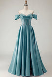 Off The Shoulder A Line Beaded Satin Purple Long Prom Dress with Slit