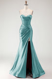 Sweetheart Burgundy Mermaid Beaded Corset Plus Size Long Prom Dress with Slit