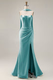 Light Green Strapless Mermaid Corset Side Slit Maxi Dress with a Neck Scarf