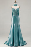 Blue Mermaid Corset Sweetheart Two Piece Long Satin Prom Dress with a Neck Scarf