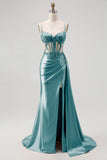 Corset Champagne Mermaid Beaded Long Prom Dress
